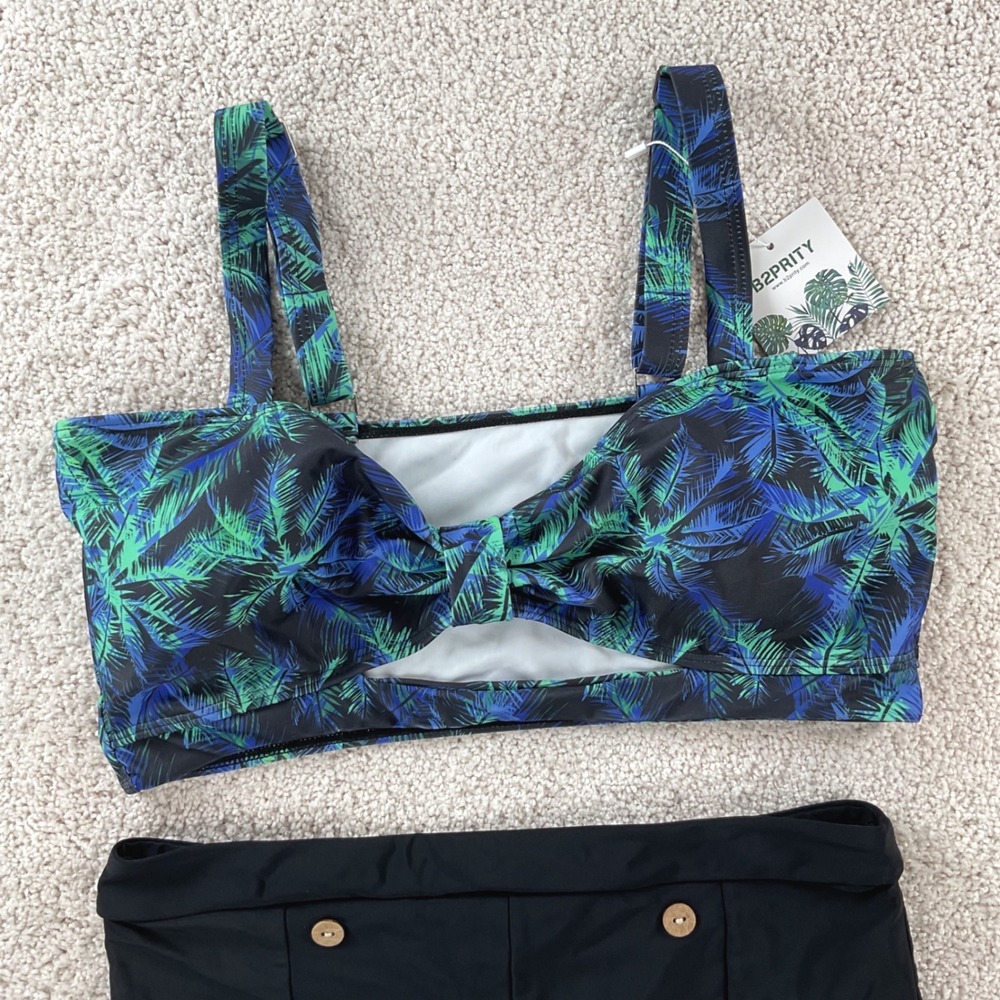 B2PRITY Womens Tropical Print Bikini Set High Waisted Boy Shorts Black LG NWT - Picture 2 of 9